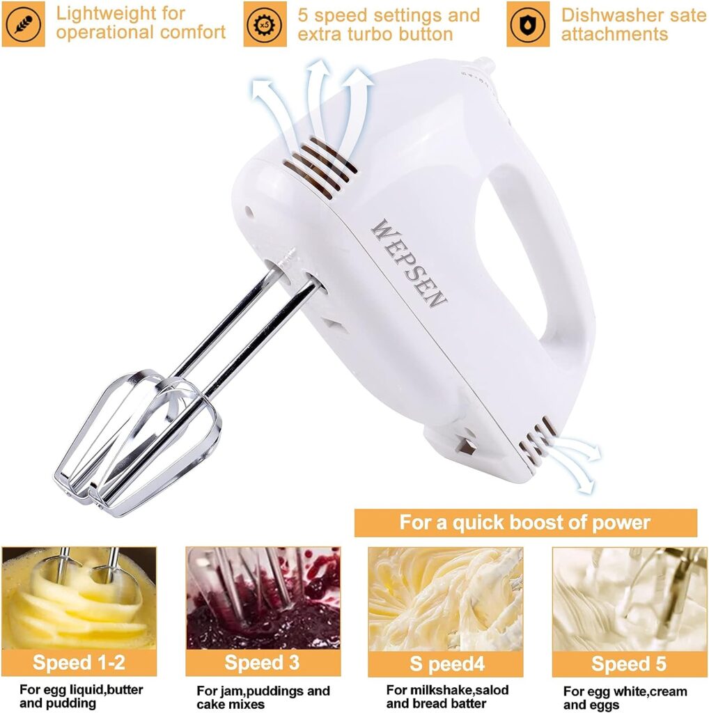 Hand Mixer Electric Mixing Bowls Set, 5 Speeds Handheld Mixer with 5 Nesting Stainless Steel Mixing Bowl, Measuring Cups and Spoons 200 Watt Kitchen Blender Whisk Beater Baking Supplies For Beginner