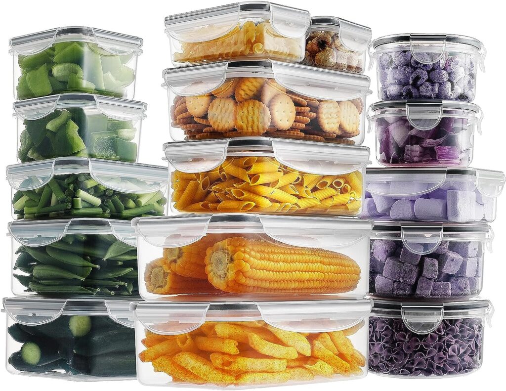 HOMBERKING 32 Pieces Food Storage Containers Set with Snap Lids (16 Lids + 16 Containers), Meal Prep Airtight Plastic Containers, BPA-Free Lunch Containers for Kitchen Organization, Pantry, Home, Black