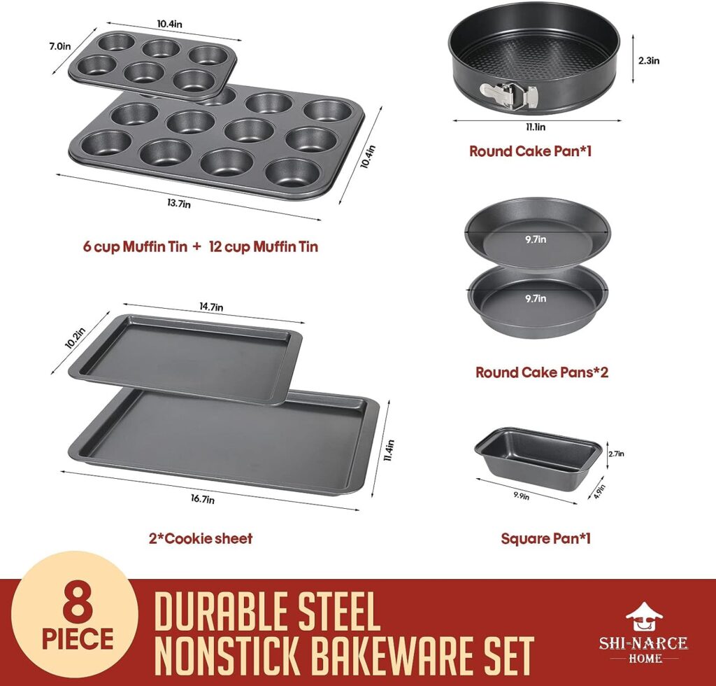 NARCE 8-Piece Nonstick Bakeware Set | Chef Favorites:Nonstick Baking Sheets,Loaf,Muffin,Pizza Pan,Pie Pan,Springform|