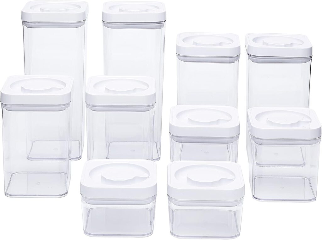 Amazon Basics 10-Piece Square Airtight Food Storage Containers for Kitchen Pantry Organization, BPA Free Plastic, Clear