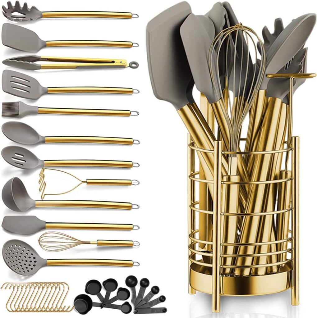 Berglander Gold Kitchen Utensils Set, 38 Pieces Non-Stick Silicone Cooking Utensils Set, Kitchen Tools Set, Spoon Spatula Set with Sturdy Stainless Steel Utensil Holder, Dishwasher Safe