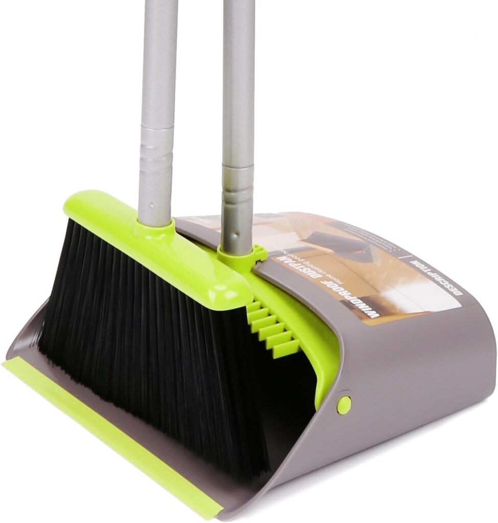 Broom and Dustpan Set, TreeLen Broom with Dust Pan with Long Handle Combo Set for Office and Home Standing Upright Sweep Use with Lobby Broom