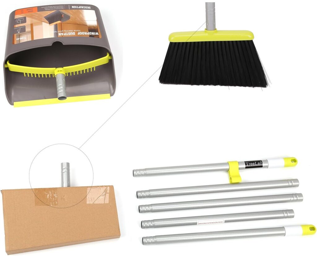 Broom and Dustpan Set, TreeLen Broom with Dust Pan with Long Handle Combo Set for Office and Home Standing Upright Sweep Use with Lobby Broom