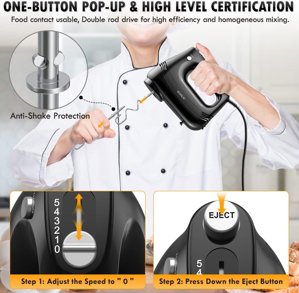 GUALIU Electric Hand Mixer with Stainless Steel Egg Beater, Dough Hook Attachment and Storage Bag Compact Lightweight Hand Mixer for Baking Cakes, Eggs, Cream Food Mixers. Turbocharged /5 Speed + Eject Button Kitchen Blender