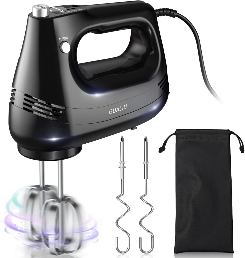 GUALIU Electric Hand Mixer with Stainless Steel Egg Beater, Dough Hook Attachment and Storage Bag Compact Lightweight Hand Mixer for Baking Cakes, Eggs, Cream Food Mixers. Turbocharged /5 Speed + Eject Button Kitchen Blender