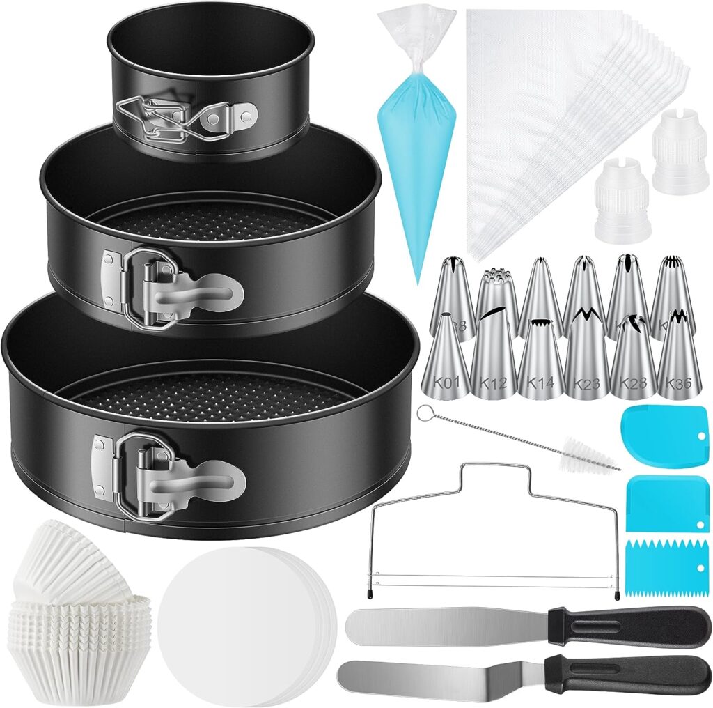 Kootek 144pcs Cake Pan Set with Removable Base, Cake Decorating Supplies with 3 Round Nonstick Bakeware Springform Pans (4 7 9), Numbered Icing Piping Tips and Other Baking Supplies for Cheesecake