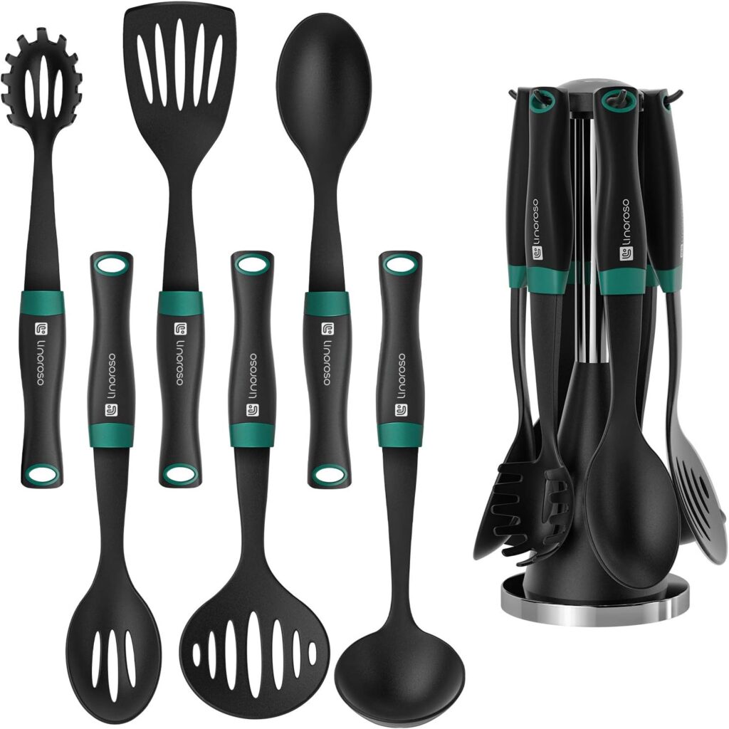 Linoroso Nylon Cooking Utensils Set, 7 Pieces Elevate Kitchen Utensil Set with Exquisite Rotating Stand, Innovative Weighted Handle, Easy to Clean, Black  Peacock Green (BPA Free, Non Toxic)