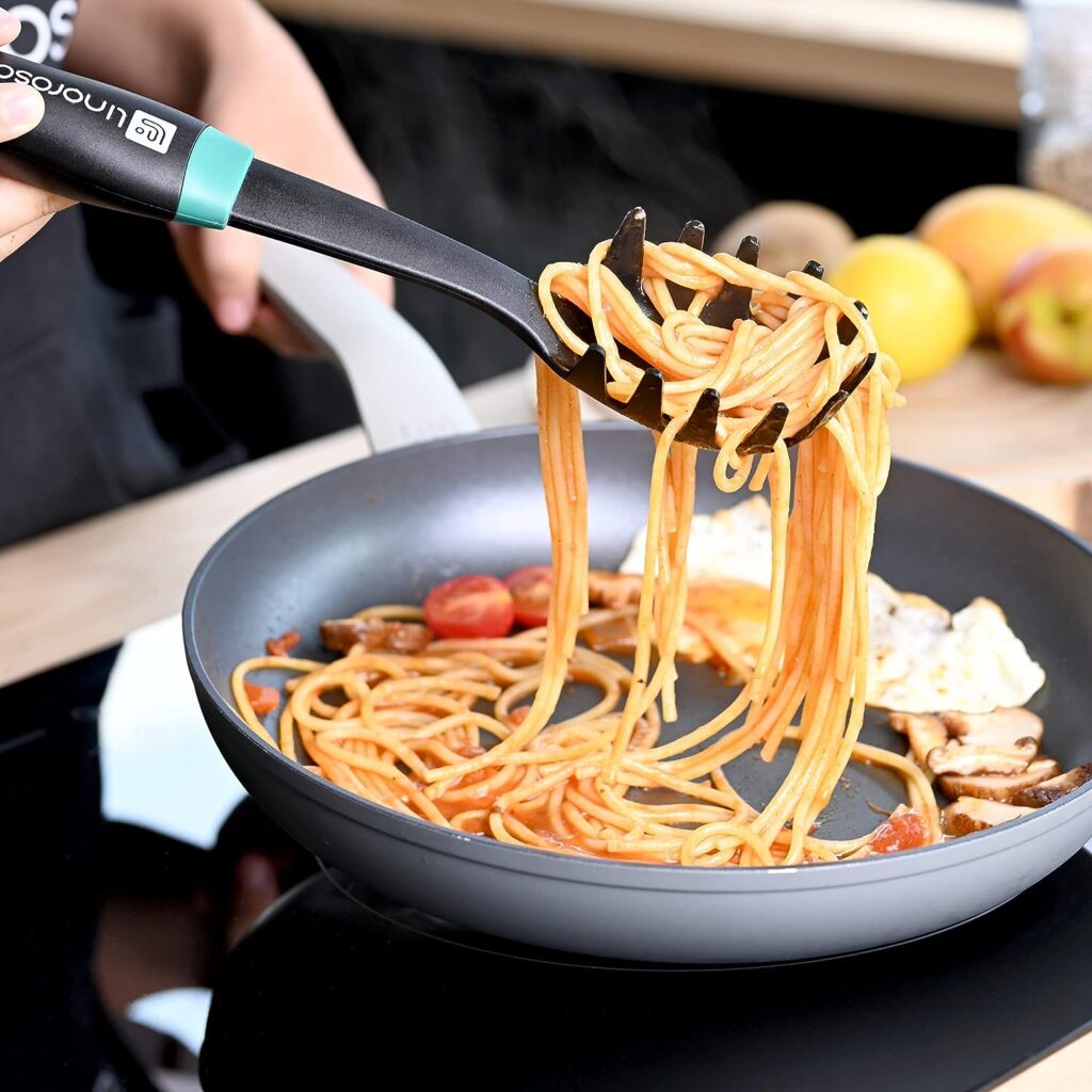Linoroso Nylon Cooking Utensils Set, 7 Pieces Elevate Kitchen Utensil Set with Exquisite Rotating Stand, Innovative Weighted Handle, Easy to Clean, Black  Peacock Green (BPA Free, Non Toxic)