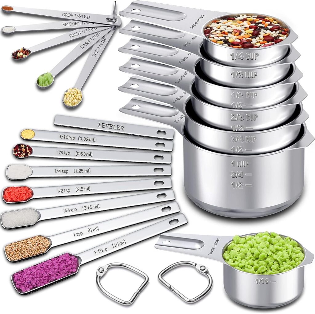 Measuring Cups and Spoons Set of 20, 7 Stainless Steel Nesting Measuring Cups  7 Spoons, 1 + Leveler  5 Mini Measuring Spoons for Cooking  Baking