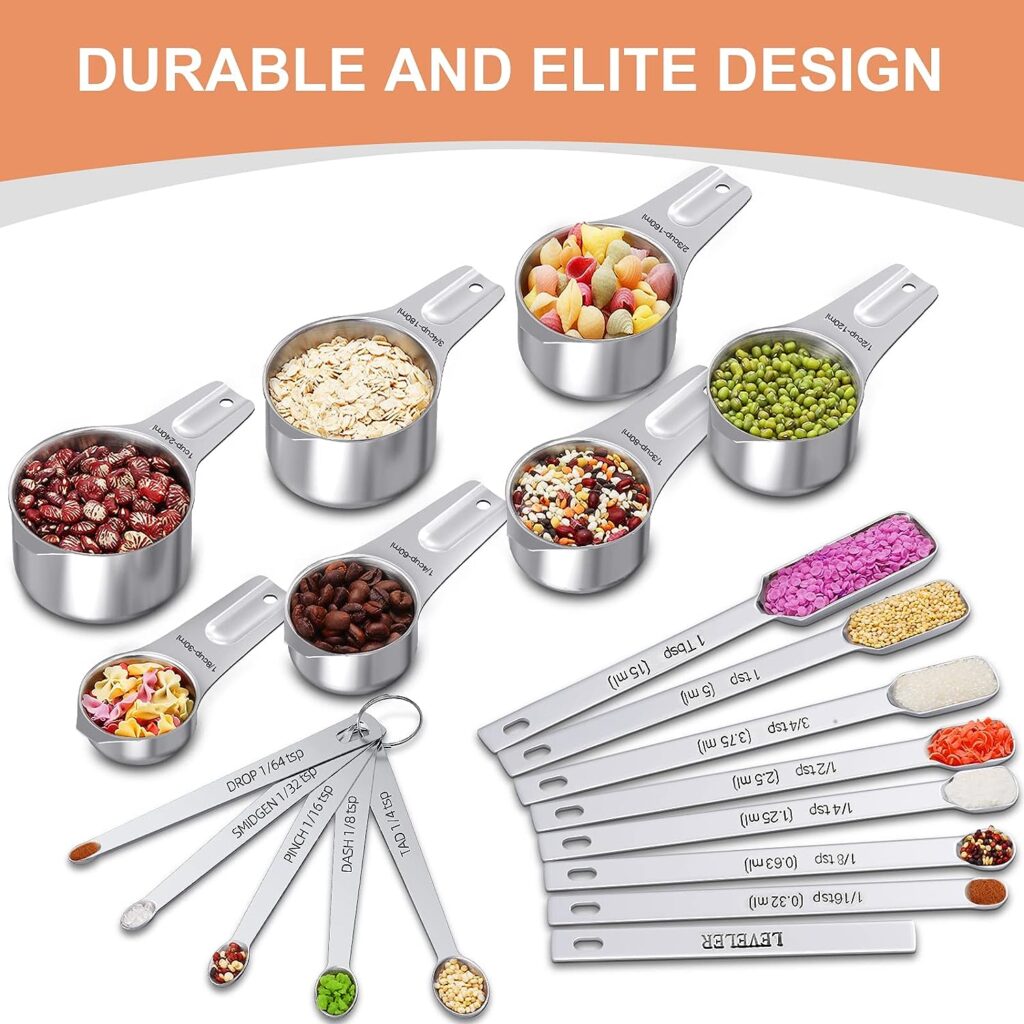 Measuring Cups and Spoons Set of 20, 7 Stainless Steel Nesting Measuring Cups  7 Spoons, 1 + Leveler  5 Mini Measuring Spoons for Cooking  Baking