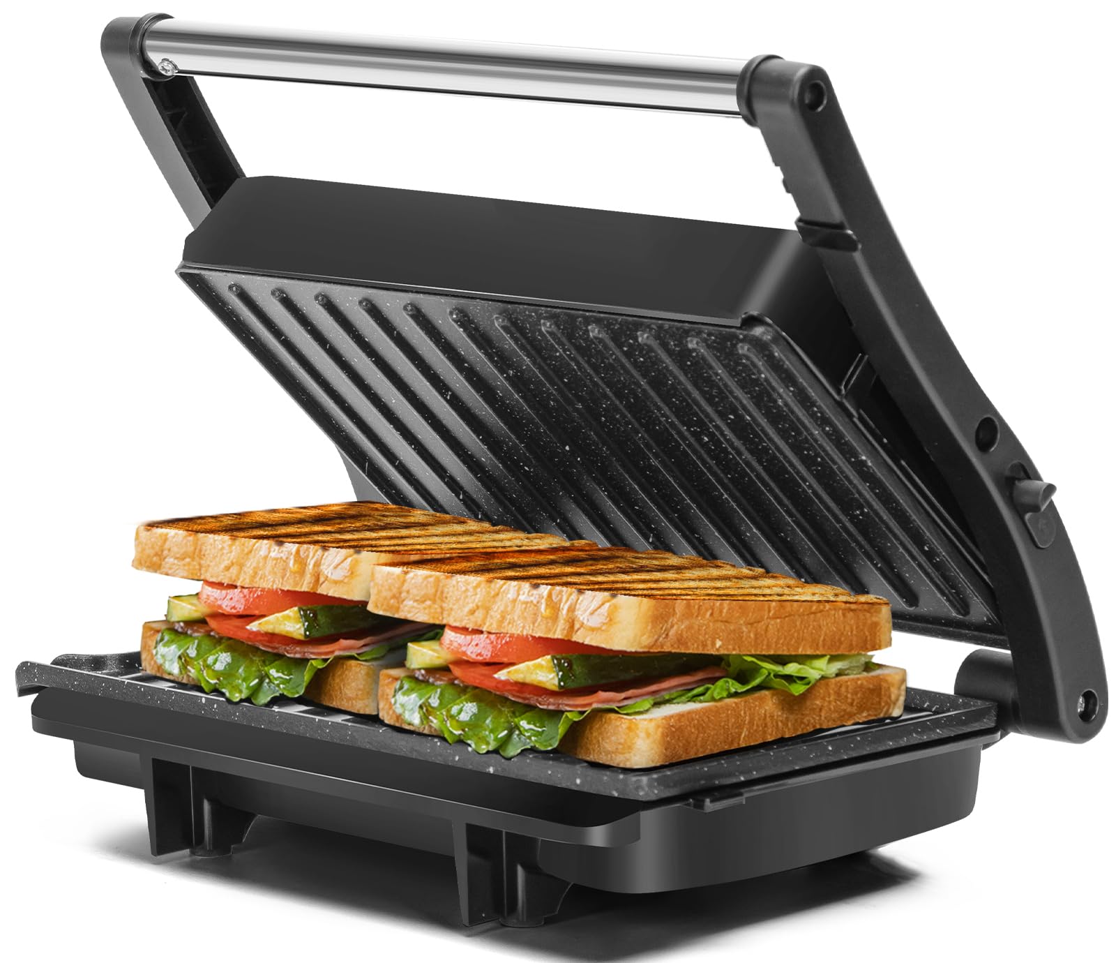 Aigostar 1000W Panini Press Grill with Ceramic Non-stick Plates, Silver Aigostar 1000W Panini Press Grill with Ceramic Non-stick Plates, Silver