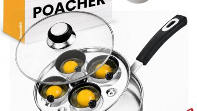 Eggssentials stainless steel egg poaching pan with four non-stick cups and spatula