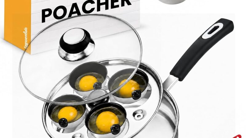 Eggssentials stainless steel egg poaching pan with four non-stick cups and spatula