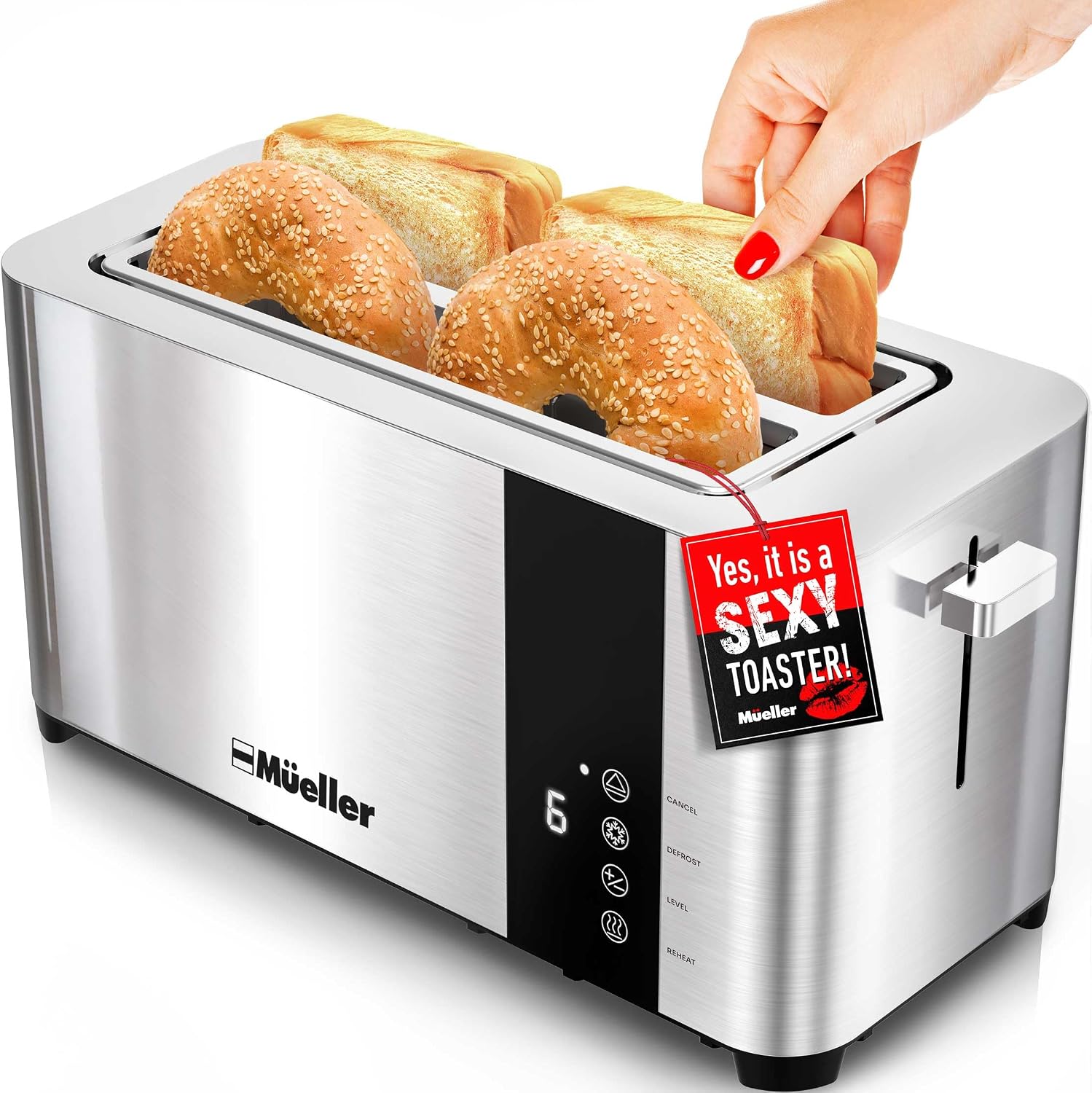 Mueller UltraToast Full Stainless Steel Toaster 4 Slice, Long Extra-Wide Slots with Removable Tray, Cancel/Defrost/Reheat Functions, 6 Browning Levels with LED Display Mueller UltraToast Full Stainless Steel Toaster 4 Slice, Long Extra-Wide Slots with Removable Tray, Cancel/Defrost/Reheat Functions, 6 Browning Levels with LED Display