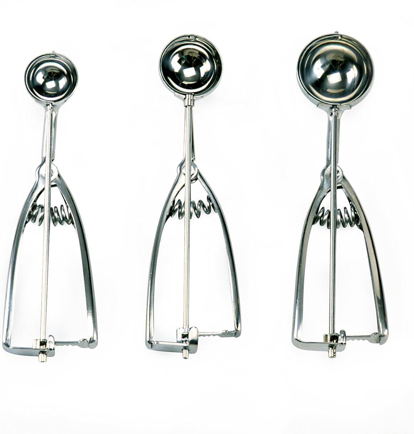 Set of three stainless steel cookie scoops in different sizes