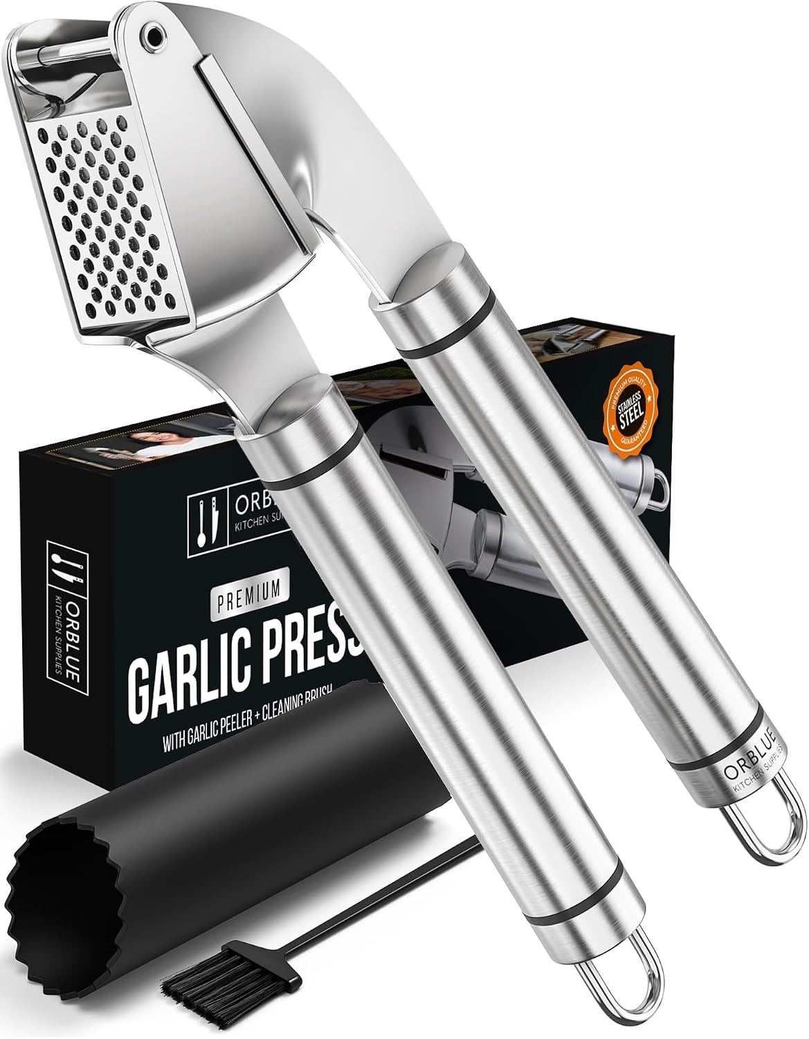 Stainless steel garlic press with silicone peeler set