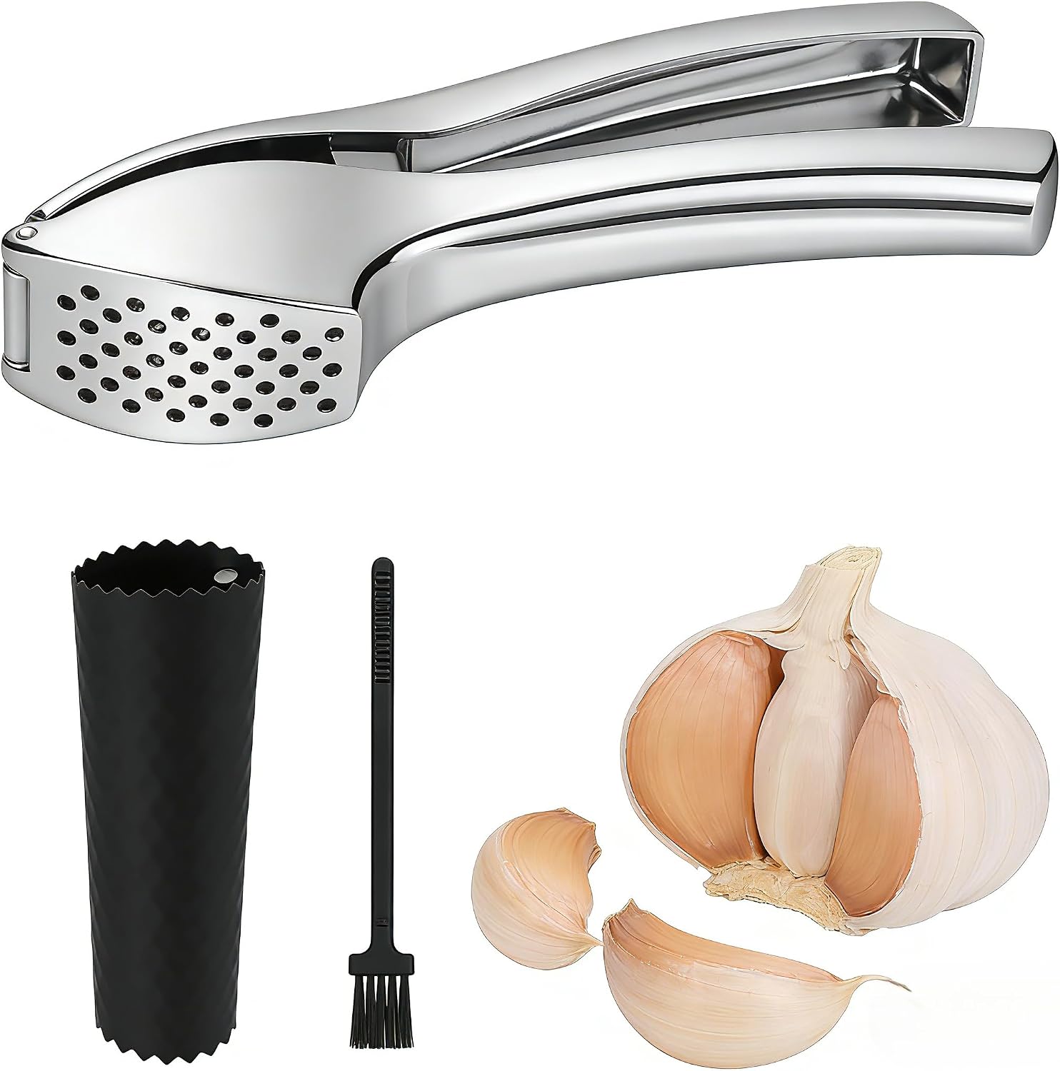 Heavy duty stainless steel garlic press with peeler