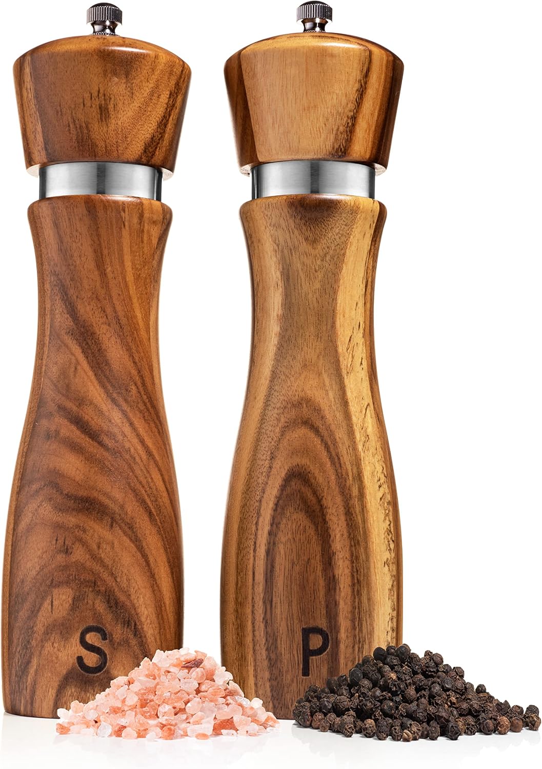 Wooden salt and pepper grinder set with adjustable coarseness