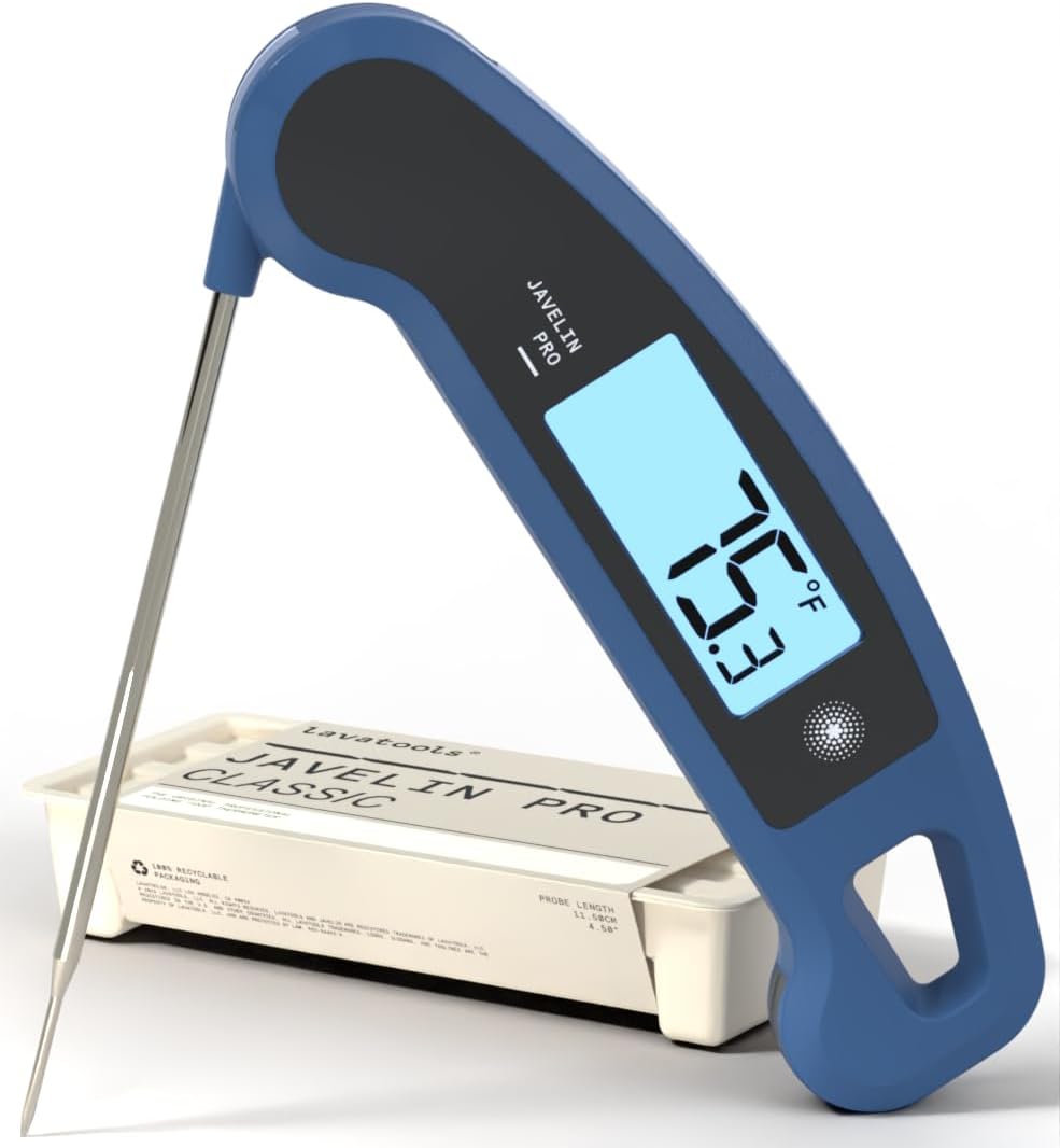 Instant-Read Meat Thermometer Instant-read meat thermometer being used to check doneness