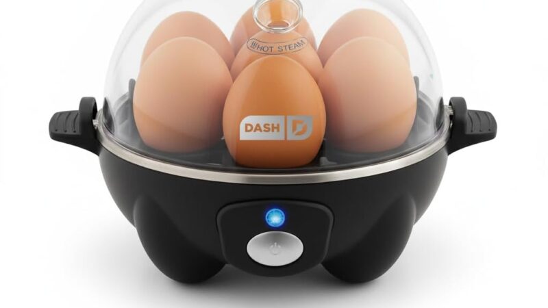 Dash Rapid Egg Cooker in black with trays and measuring cup
