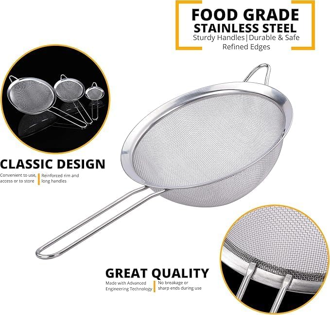 Stainless steel fine mesh sieve with long handle, part of a 3-piece set used for rinsing beans and lentils