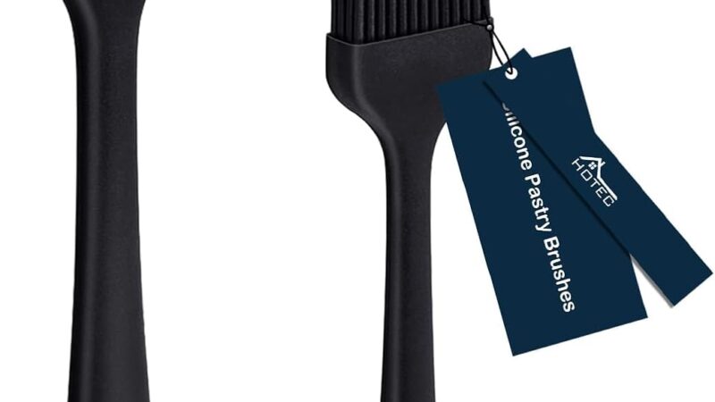 Two black HOTEC silicone basting and pastry brushes, one large and one small, with a HOTEC label hanging from the smaller one