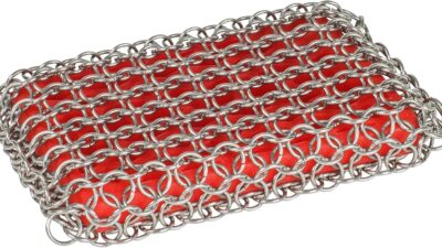 Lodge chainmail scrubbing pad: stainless steel chainmail rings wrapped around a red silicone core