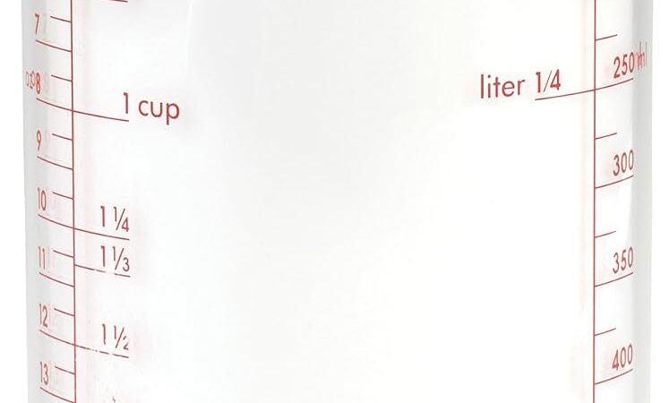 OXO Good Grips adjustable measuring cup, a clear cylinder with red cup and millilitre markings and a black base
