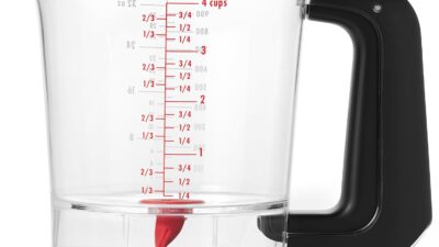 OXO Good Grips Good Gravy 4-cup clear fat separator with black handle and red measurement markings