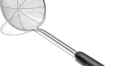 OXO Good Grips spider strainer, a round stainless steel wire-coil basket on a long handle with a black grip