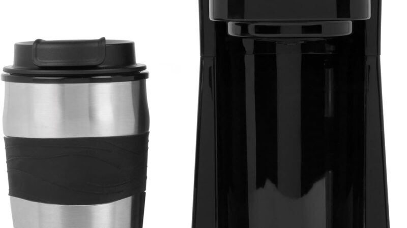 Salter One Cup Coffee Maker with stainless steel travel mug