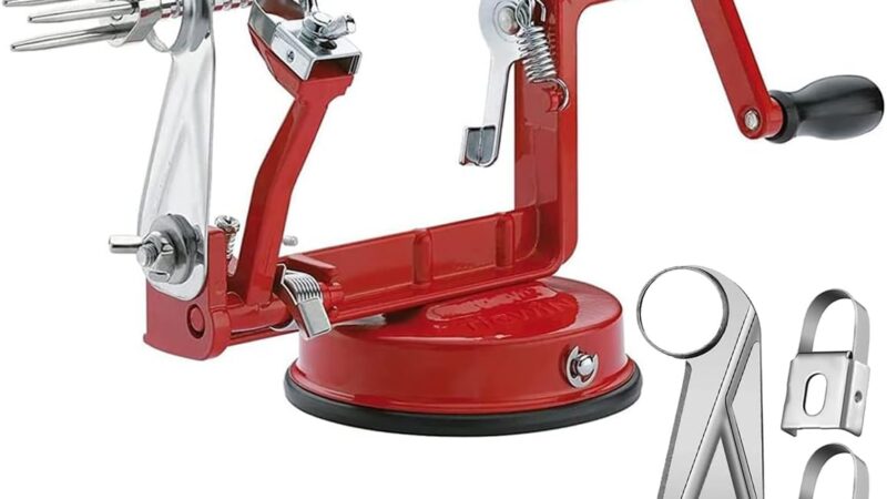 Red tigwin hand-crank apple peeler, corer and slicer with a suction base and spare stainless steel blades
