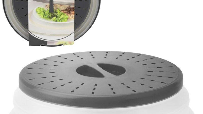 Tovolo collapsible microwave splatter cover in charcoal grey and white, shown open with its packaging