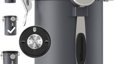 Veken airtight stainless steel coffee canister in gray with date tracker lid and scoop