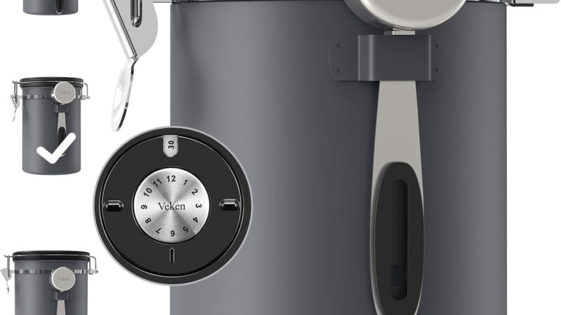 Veken airtight stainless steel coffee canister in gray with date tracker lid and scoop
