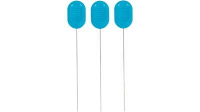 Three Ateco stainless steel cake testers with blue handles