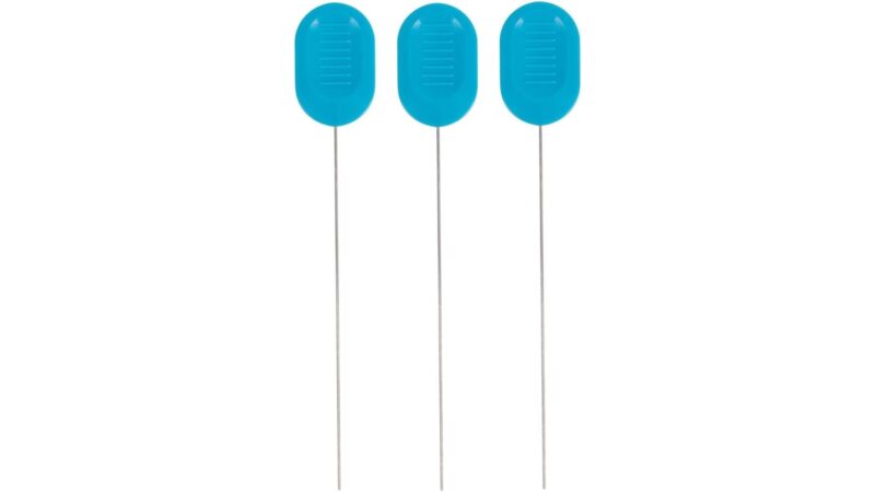 Three Ateco stainless steel cake testers with blue handles