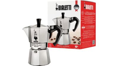 Bialetti Moka Express 6 cup aluminium stovetop coffee maker next to its box