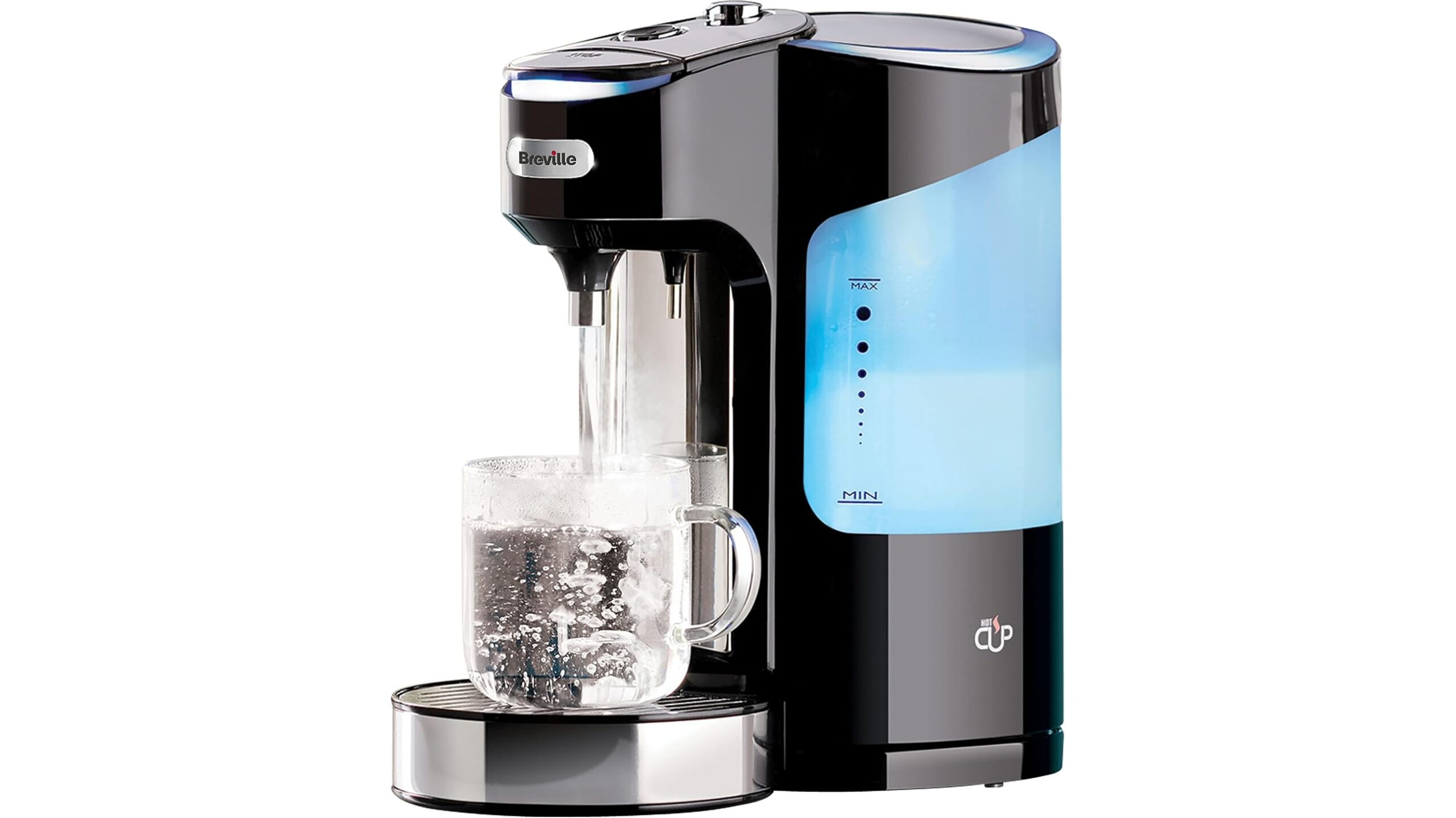 Breville HotCup VKJ318 hot water dispenser in gloss black filling a glass mug Breville HotCup VKJ318 hot water dispenser in gloss black filling a glass mug