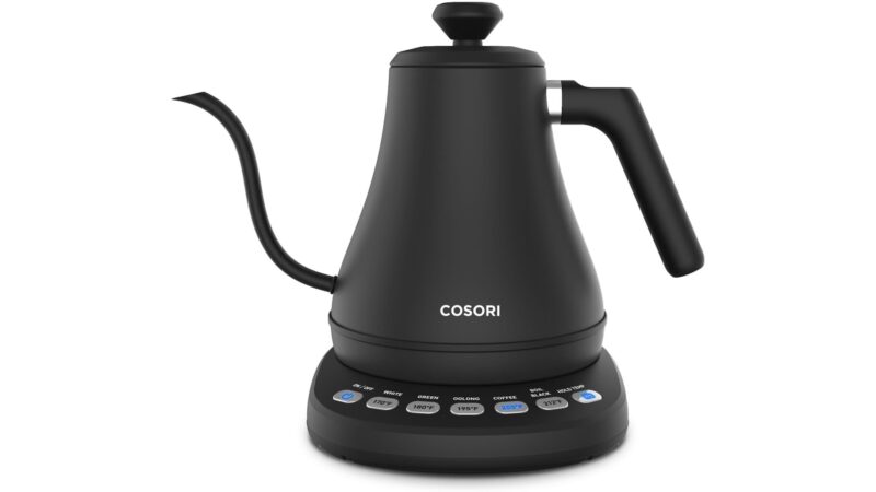 COSORI 0.8L black gooseneck electric kettle with five temperature preset buttons on the base