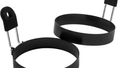 Two COTEY 3.5 inch non-stick egg rings with folding black silicone handles