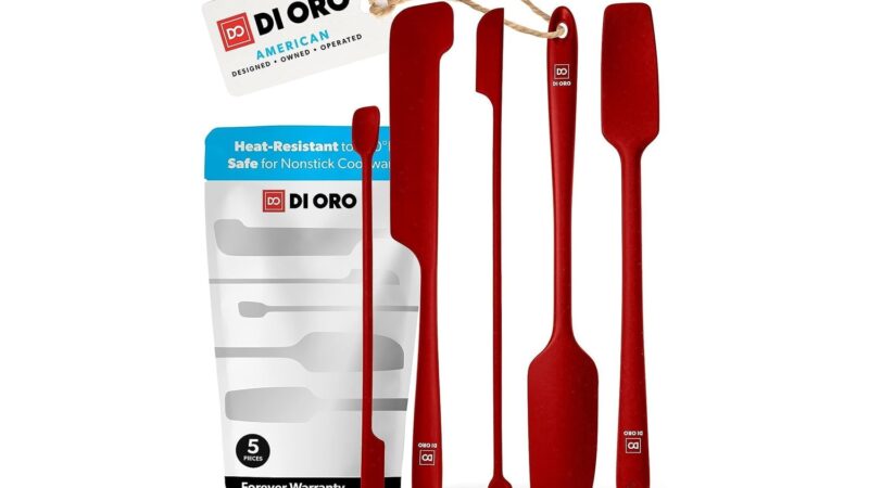 DI ORO set of five red silicone jar spatulas with narrow heads and long handles