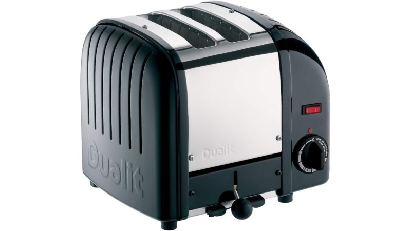 Black and stainless steel Dualit Classic 2 Slice Vario Toaster with a wind-up timer dial