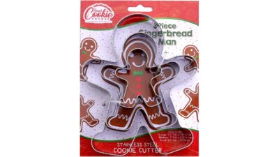 Three stainless steel gingerbread man cookie cutters in large, medium and small sizes