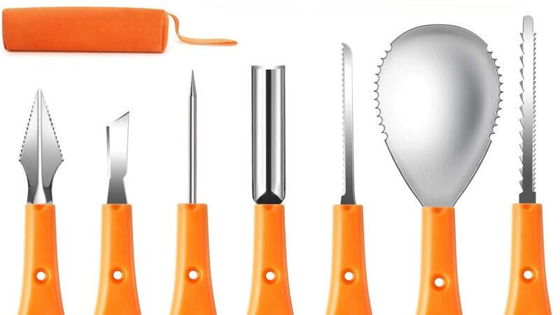 Greatever pumpkin carving kit: seven stainless steel tools with orange handles, a zip bag and paper jack-o-lantern stencils