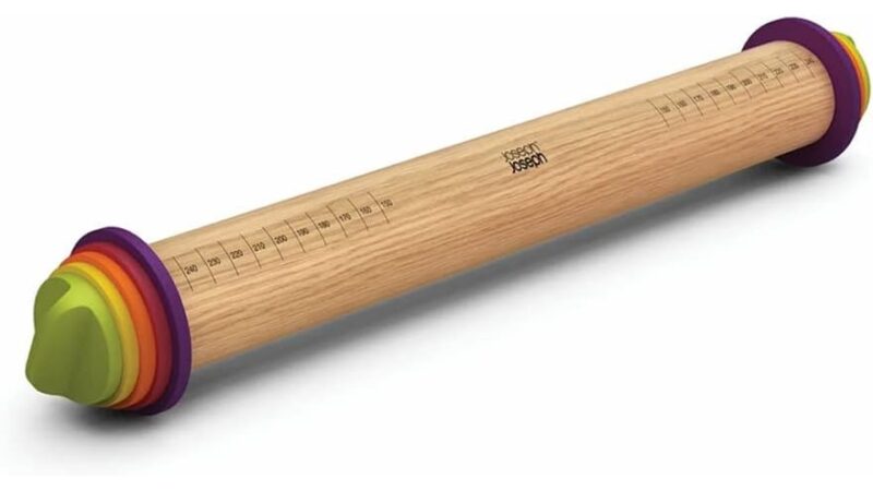 Joseph Joseph adjustable wooden rolling pin with colour-coded thickness discs