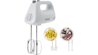White Kenwood QuickMix hand mixer with stainless steel beaters and dough hooks