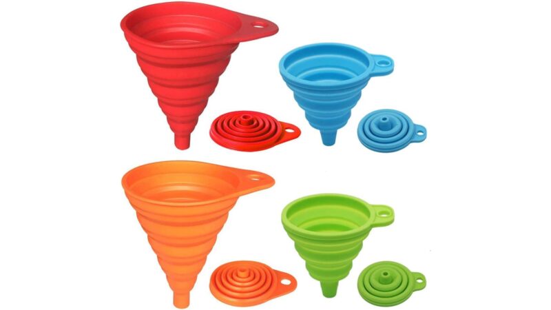 KongNai set of four collapsible silicone kitchen funnels in red, blue, orange and green, shown open and folded flat