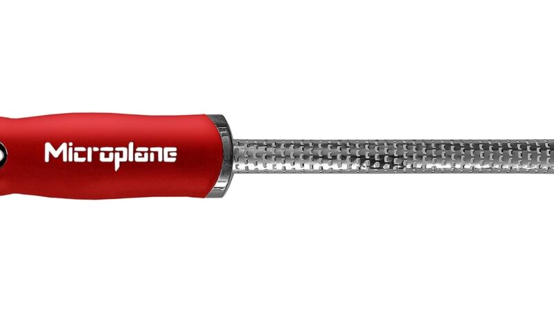 Microplane Specialty Spice Grater with a red handle and fine stainless steel rasp blade