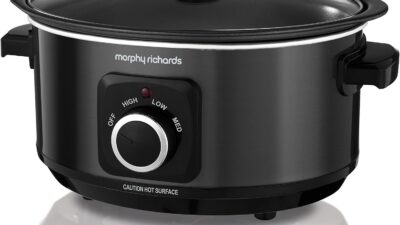 Morphy Richards 3.5L Sear and Stew slow cooker in black with glass lid and Off, High, Low and Med dial